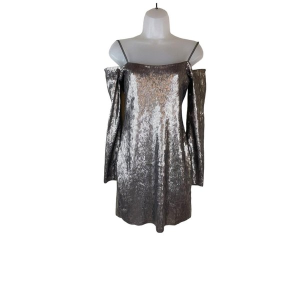 Express Dress Women Size Small Petite Pewter Bronze Sequins Mini Long Sleeve - Picture 4 of 11